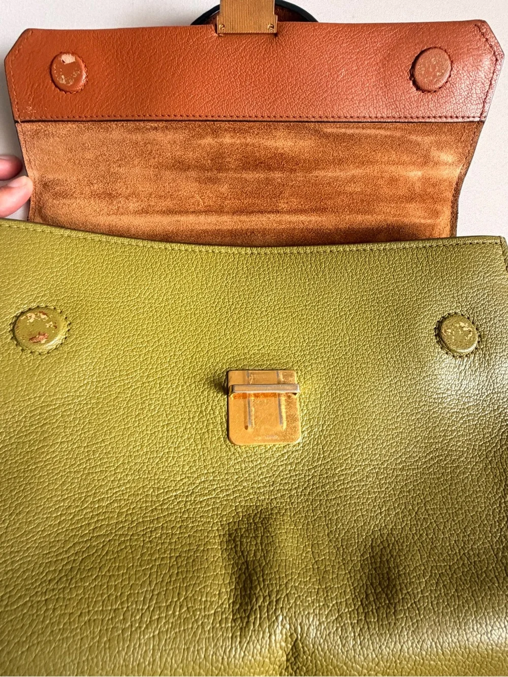 Miu Miu Green/Cognac Madras Leather Pushlock Flap Top Handle Bag